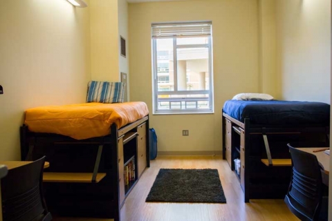 Wassaja Room Interior that contains two beds, one on each side, and a window in-between them