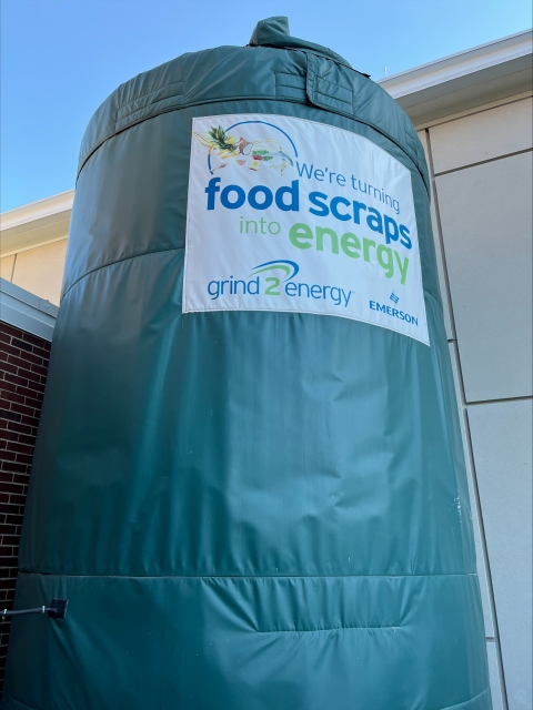 Grind2energy holding tank located outside of Illinois Street Residence Hall