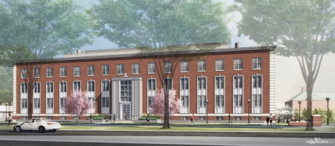 View of the south facade of Everitt from the street.