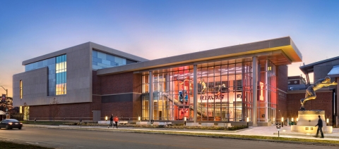 View of the front entrance to the performance center from the street.