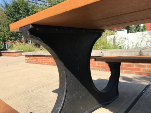 The inside view of the leg of the table and bench